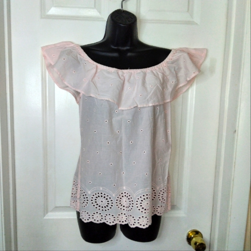 New Orsay Baby Pink Floral Eyelet Off The Shoulder Top